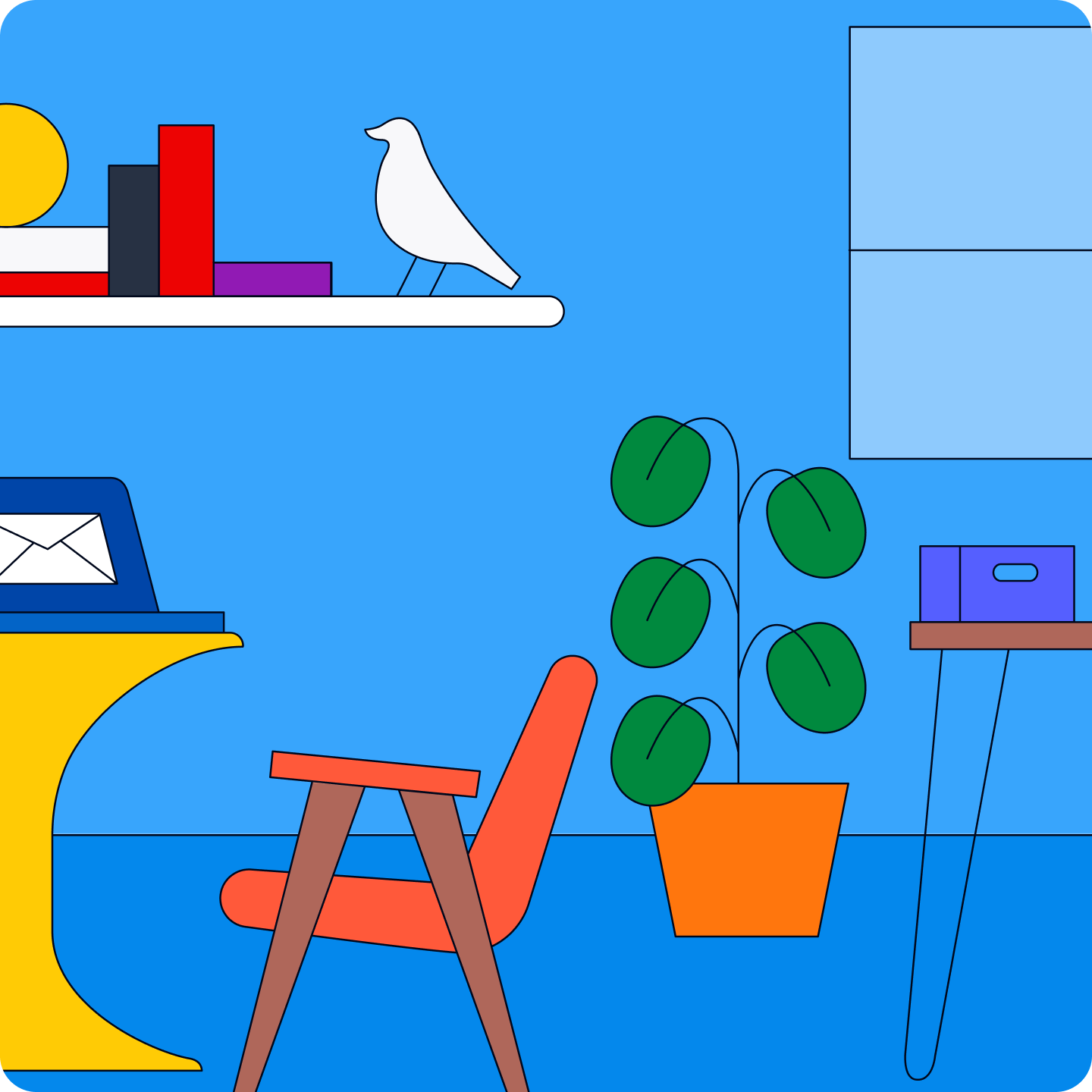 Illustration of a room containing an orange armchair with wooden legs, a floating wall shelf, a yellow table, and a potted plant