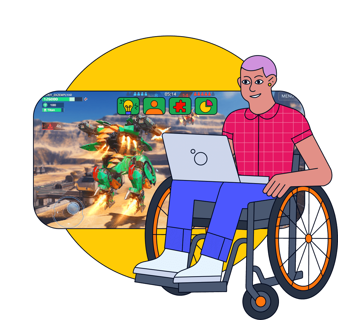 Illustration of a wheelchair user with short-cropped lilac hair